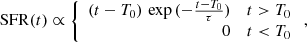 $$ \begin{aligned} \mathrm{SFR}({t}) \propto \left\{ \begin{array}{rl} ({t}-{T}_{0})\, \exp \,(- \frac{{t}-{T}_{0}}{\tau })&{t}>{T}_{0}\\ 0&{t} < {T}_{0} \end{array} \right., \end{aligned} $$
