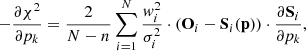 $$ \begin{aligned} -\frac{\partial \chi ^2}{\partial p_k} = \frac{2}{N-n}\sum _{i=1}^N \frac{w_{i}^2}{\sigma _i^2} \cdot \left( \mathbf O _{i} - \mathbf S _i(\mathbf p ) \right)\cdot \frac{\partial \mathbf S _i}{\partial p_k}, \end{aligned} $$
