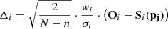 $ \mathbf{\Delta}_i = \sqrt{\frac{2}{N-n}}\cdot\frac{w_i}{\sigma_i}\cdot\left( \mathbf{O}_i - \mathbf{S}_i(\mathbf{p_j}) \right) $