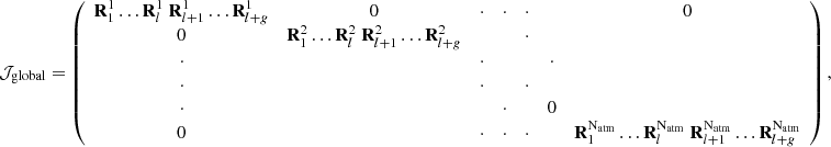 $$ \begin{aligned} \mathcal{J} _\mathrm{global} = \left( \begin{array}{ccccccc} \mathbf R _1^1\ldots \mathbf R _{l}^{1}\;\mathbf R _{l+1}^{1}\ldots \mathbf R _{l+g}^{1}&0&\cdot&\cdot&\cdot&\,&0 \\ 0&\mathbf R _1^2\ldots \mathbf R _{l}^{2}\;\mathbf R _{l+1}^{2}\ldots \mathbf R _{l+g}^{2}&\,&\,&\cdot \\ \cdot&\,&\cdot&\,&\,&\cdot \\ \cdot&\,&\cdot&\,&\cdot \\ \cdot&\,&\,&\cdot&\,&0 \\ 0&\,&\cdot&\cdot&\cdot&\,&\mathbf R _{1}^\mathrm{N_{atm} }\ldots \mathbf R _{l}^\mathrm{N_{atm} }\;\mathbf R _{l+1}^\mathrm{N_{atm} }\ldots \mathbf R _{l+g}^\mathrm{N_{atm} } \end{array} \right), \end{aligned} $$