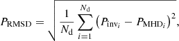 $$ \begin{aligned} P_{\mathrm{RMSD}} = \sqrt{\frac{1}{N_\mathrm{d} } \sum _{i=1}^{N_\mathrm{d} } \left(P_{\mathrm{inv} _i} - P_{\mathrm{MHD} _i}\right)^2}, \end{aligned} $$