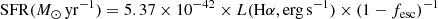 $$ \begin{aligned} \mathrm{SFR}(M_{\odot }\,\mathrm{yr}^{-1}) = 5.37 \times 10^{-42} \times L(\mathrm{H\alpha ,erg\,s^{-1}}) \times (1 - f_{\rm esc})^{-1} \end{aligned} $$