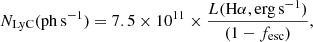 $$ \begin{aligned} N_{\rm LyC}(\mathrm{ph\,s^{-1}})= 7.5 \times 10^{11} \times \frac{L(\mathrm{H\alpha ,erg\,s^{-1}})}{(1-f_{\rm esc})}, \end{aligned} $$