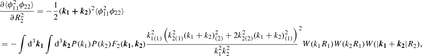 $$ \begin{aligned}&\frac{\partial \langle \phi _{11}^2\phi _{22} \rangle }{\partial R_2^2} =-\frac{1}{2}(\boldsymbol{k_1+k_2})^2 \langle \phi _{11}^2\phi _{22} \rangle \nonumber \\&= -\int \mathrm{d}^3\boldsymbol{k_1} \int \mathrm{d}^3\boldsymbol{k_2} P(k_1)P(k_2)F_2(\boldsymbol{k_1},\boldsymbol{k_2}) \frac{k_{1(1)}^2\left(k_{2(1)}^2 (k_{1}+k_{2})_{(2)}^2 + 2k_{2(2)}^2(k_{1}+k_{2})_{(1)}^2\right)}{k_1^2 k_2^2 }^2 W(k_1R_1)W(k_2R_1)W(|{\boldsymbol{k_1}}+{\boldsymbol{k_2}}|R_2), \end{aligned} $$
