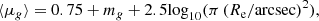$$ \begin{aligned} \langle \mu _g \rangle = 0.75 + m_g + 2.5\mathrm{log}_{10}(\pi \,(R_{\rm e}/\mathrm{arcsec})^2), \end{aligned} $$