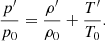 $$ \begin{aligned} \frac{p^{\prime }}{p_0} = \frac{\rho ^{\prime }}{\rho _0} + \frac{T^{\prime }}{T_0}. \end{aligned} $$