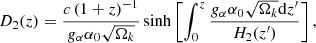 $$ \begin{aligned} D_2(z) = \frac{c\left(1+z\right)^{-1}}{g_\alpha \alpha _0\sqrt{\Omega _k}} \sinh \left[\int _0^z \frac{g_\alpha \alpha _0\sqrt{\Omega _k} \mathrm{d}z^\prime }{H_2(z^\prime )}\right], \end{aligned} $$