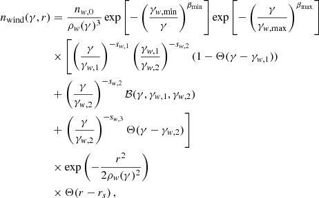 $$ \begin{aligned} n_{\rm wind}(\gamma , r) &= \frac{n_{w, 0}}{\rho _w(\gamma )^3} \exp \left[-\left(\frac{\gamma _{w, \mathrm{min}}}{\gamma }\right)^{\beta _{\rm min}}\right] \exp \left[-\left(\frac{\gamma }{\gamma _{w, \mathrm{max}}}\right)^{\beta _{\rm max}}\right] \nonumber \\& \times \left[\left(\frac{\gamma }{\gamma _{w,1}}\right)^{-s_{w,1}} \left(\frac{\gamma _{w,1}}{\gamma _{w,2}}\right)^{-s_{w,2}} (1-\Theta (\gamma - \gamma _{w,1}))\right. \nonumber \\& + \left(\frac{\gamma }{\gamma _{w,2}}\right)^{-s_{w,2}} \mathcal{B} (\gamma , \gamma _{w,1}, \gamma _{w,2}) \nonumber \\& + \left.\left(\frac{\gamma }{\gamma _{w,2}}\right)^{-s_{w,3}} \Theta (\gamma - \gamma _{w,2})\right]\nonumber \\& \times \exp \left(-\frac{r^2}{2\rho _w(\gamma )^2}\right)\nonumber \\& \times \Theta (r - r_s)\,, \end{aligned} $$
