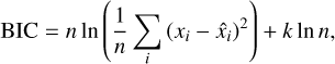 Mathematical equation: ${\rm{BIC}} = n\ln \left( {{1 \over n}\sum\limits_i {{{\left( {{x_i} - {{\hat x}_i}} \right)}^2}} } \right) + k\ln n,$