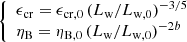 $$ \begin{aligned} {\left\{ \begin{array}{ll} \epsilon _{\rm cr} = \epsilon _{\rm cr,0} \, (L_{\rm w}/L_{\mathrm{w},0})^{-3/5} \\ \eta _{\rm B} = \eta _{\rm B,0} \, (L_{\rm w}/L_{\mathrm{w},0})^{-2 b} \end{array}\right.} \end{aligned} $$