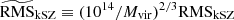$ \widetilde{\mathrm{RMS}}_{\mathrm{kSZ}} \equiv (10^{14}/M_{\mathrm{vir}})^{2/3} \mathrm{RMS}_{\mathrm{kSZ}} $