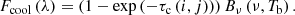 $$ \begin{aligned} F_{\rm cool}\left(\lambda \right) = \left(1-\exp {\left(-\tau _{\rm c}\left(i,j\right)\right)}\right)B_\nu \left(\nu ,T_{\rm b}\right). \end{aligned} $$