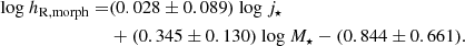 $$ \begin{aligned} \mathrm{log}\ h_{\mathrm{R, morph}} =&(0.028\pm 0.089)\ \mathrm{log}\ j_\star \nonumber \\&+(0.345\pm 0.130)\ \mathrm{log}\ M_\star - (0.844\pm 0.661). \end{aligned} $$
