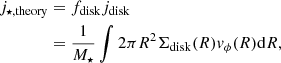 $$ \begin{aligned} j_{\star , \mathrm{theory}}&= f_{\rm disk}j_{\rm disk}\nonumber \\&= \frac{1}{M_\star } \int 2 \pi R^2 \Sigma _{\rm disk}(R) v_\phi (R) \mathrm{d}R, \end{aligned} $$