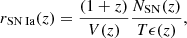 $$ \begin{aligned} r_{\rm SN\,Ia}(z) = \frac{(1+z)}{V(z)}\frac{N_{\rm SN}(z)}{T\epsilon (z)}, \end{aligned} $$