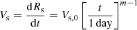 $ V_{\mathrm{s}} = \frac{\mathrm{d}R_{\mathrm{s}}}{\mathrm{d}t} = V_{\mathrm{s,0}} \left[\frac{t}{1\,\mathrm{day}}\right]^{m-1} $