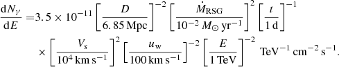 $$ \begin{aligned} \frac{\mathrm{d}N_{\gamma }}{\mathrm{d}E} =&3.5 \times 10^{-11} \left[\frac{D}{6.85\,\mathrm{Mpc}}\right]^{-2} \left[\frac{\dot{M}_{\rm RSG}}{10^{-2}\,M_{\odot }\,\mathrm{yr}^{-1}}\right]^{2} \left[\frac{t}{1\,\mathrm{d}} \right]^{-1}\nonumber \\&\times \left[\frac{V_{\mathrm{s}}}{10^4\,\mathrm{km\,s^{-1}}} \right]^{2} \left[\frac{u_{\mathrm{w}}}{100\,\mathrm{km\,s^{-1}}} \right]^{-2} \left[\frac{E}{1\,\mathrm{TeV}} \right]^{-2}\,\mathrm{TeV}^{-1}\,\mathrm{cm}^{-2}\,\mathrm{s}^{-1}. \end{aligned} $$