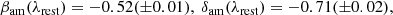 $$ \begin{aligned} \beta _{\rm am}(\lambda _{\rm rest}) = -0.52({\pm } 0.01), \ \delta _{\rm am}(\lambda _{\rm rest}) = -0.71({\pm } 0.02), \end{aligned} $$