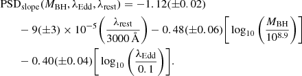 $$ \begin{aligned}&\mathrm{PSD}_{\rm slope}(M_{\rm BH},\lambda _{\rm Edd}, \lambda _{\rm rest}) = -1.12({\pm } 0.02) \nonumber \\&\qquad -9({\pm } 3)\times 10^{-5}\bigg (\frac{\lambda _{\rm rest}}{3000\,\AA }\bigg ) - 0.48({\pm } 0.06)\bigg [\log _{10}{\bigg (\frac{M_{\rm BH}}{10^{8.9}}\bigg )}\bigg ] \nonumber \\&\qquad - 0.40({\pm } 0.04)\bigg [\log _{10}{\bigg (\frac{\lambda _{\rm Edd}}{0.1}\bigg )}\bigg ]. \end{aligned} $$