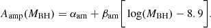 $$ \begin{aligned} {A_{\rm amp}(M_{\rm BH})=\alpha _{\rm am}+\beta _{\rm am}\bigg [\log (M_{\rm BH})-8.9\bigg ]}. \end{aligned} $$