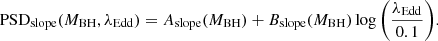$$ \begin{aligned} \mathrm{PSD}_{\rm slope}(M_{\rm BH},\lambda _{\rm Edd})= {A_{\rm slope}(M_{\rm BH})} + {B_{\rm slope}(M_{\rm BH})}\log \bigg (\frac{\lambda _{\rm Edd}}{0.1}\bigg ). \end{aligned} $$