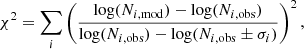 $$ \begin{aligned} \chi ^2 = \sum _{i} \left(\frac{\log (N_{i,\mathrm{mod} }) - \log (N_{i,\mathrm{obs} })}{\log (N_{i,\mathrm{obs} }) - \log (N_{i,\mathrm{obs} }\pm \sigma _i)}\right)^2, \end{aligned} $$