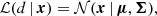 $$ \begin{aligned} \mathcal{L} (d\,|\,\boldsymbol{x}) = \mathcal{N} (\boldsymbol{x}\,|\,\boldsymbol{\mu },\boldsymbol{\Sigma }), \end{aligned} $$