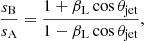 $$ \begin{aligned} \frac{s_{\rm B}}{s_{\rm A}}=\frac{1+\beta _{\rm L}\cos \theta _{\rm jet}}{1-\beta _{\rm L}\cos \theta _{\rm jet}}, \end{aligned} $$