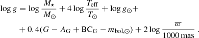 $$ \begin{aligned} \log g&= \log \frac{M_\star }{\,{M}_{\odot }}+4\log \frac{T_{\rm eff}}{T_\odot }+\log g_\odot + \\ \nonumber&+ 0.4(G-A_{\rm G}+\mathrm{BC} _{\rm G}-m_{\mathrm{bol} ,\odot })+2\log \frac{\varpi }{1000\,\mathrm{mas} }~. \end{aligned} $$