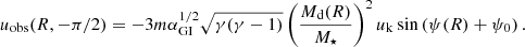 $$ \begin{aligned} u_{\rm obs}(R,-\pi /2) = -3m\alpha _{\rm GI}^{1/2}\sqrt{\gamma (\gamma -1)}\left(\frac{M_{\rm d}(R)}{M_\star }\right)^2u_{\rm k}\sin \left(\psi (R) + \psi _0\right). \end{aligned} $$