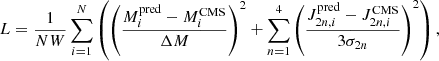 $$ \begin{aligned} L=\frac{1}{NW}\sum _{i=1}^{N}\left(\left(\frac{M_{i}^{\mathrm{pred}}-M_{i}^{\mathrm{CMS}}}{\Delta M}\right)^{2}+\sum _{n=1}^{4}\left(\frac{J_{2n,i}^{\mathrm{pred}}-J_{2n,i}^{\mathrm{CMS}}}{3\sigma _{2n}}\right)^{2}\right) , \end{aligned} $$