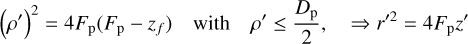 ${\left( {\rho '} \right)^2} = 4{F_{\rm{p}}}\left( {{F_{\rm{p}}} - {z_f}} \right)\quad {\rm{with}}\quad \rho '\, \le \,{{{D_{\rm{p}}}} \over 2},\quad \Rightarrow r'\, = \,4{F_{{{\rm{p}}^{Z'}}}}$