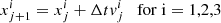 $$ \begin{aligned}&x_{j+1}^i = x^i_j + \Delta t v^i_j \quad \mathrm{for\;i=1,2,3} \end{aligned} $$