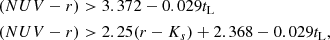 $$ \begin{aligned}&(NUV-r) >3.372-0.029 t_{\rm L}\nonumber \\&(NUV-r) >2.25(r-K_{s})+2.368-0.029 t_{\rm L}, \end{aligned} $$