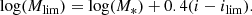 $$ \begin{aligned} {\log (}M_{\rm lim}) = {\log (}M_{*})+0.4(i-i_{\rm lim}). \end{aligned} $$