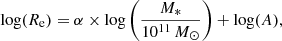 $$ \begin{aligned} {\log (}R_{\rm e}{)}=\alpha \times {\log }\left(\frac{M_{*}}{10^{11}\,M_{\odot }}\right)+{\log (}A{)}, \end{aligned} $$