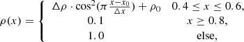 $$ \begin{aligned} \rho (x) = {\left\{ \begin{array}{ll} \Delta \rho \cdot \cos ^2(\pi \frac{x-x_0}{\Delta x})+\rho _0&0.4\le x\le 0.6, \\ \qquad \qquad 0.1&\,\,\,\quad x\ge 0.8, \\ \qquad \qquad 1.0&\,\,\qquad \text{ else}, \end{array}\right.} \end{aligned} $$