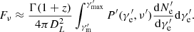 $$ \begin{aligned} F_\nu \approx \frac{\Gamma (1+z)}{4\pi D_L^2}\int ^{\gamma ^{\prime }_{\rm {max}}}_{\gamma ^{\prime }_{\rm m}} P^{\prime }(\gamma ^{\prime }_{\rm e},\nu ^{\prime })\frac{\mathrm{d}N^{\prime }_{\rm e}}{\mathrm{d}\gamma ^{\prime }_{\rm e}}\mathrm{d}\gamma ^{\prime }_{\rm e}. \end{aligned} $$