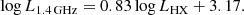 $$ \begin{aligned} \log L_{1.4\,\mathrm {GHz}} = 0.83 \log L_{\rm HX}+3.17. \end{aligned} $$