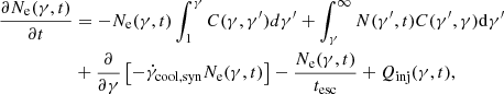 $$ \begin{aligned} \dfrac{\partial N_{\rm e}(\gamma ,t)}{\partial t}&= - N_{\rm e}(\gamma ,t) \int _{1}^{\gamma } C(\gamma ,\gamma ^{\prime }) d\gamma ^{\prime } + \int _{\gamma }^{\infty } N(\gamma ^{\prime },t) C(\gamma ^{\prime },\gamma ) \mathrm{d}\gamma ^{\prime } \nonumber \\&+ \dfrac{\partial }{\partial \gamma } \left[ - \dot{\gamma }_{\mathrm{cool,syn}} N_{\rm e}(\gamma ,t) \right] - \frac{N_{\rm e}(\gamma ,t)}{t_{\mathrm{esc}}} + Q_{\mathrm{inj}}(\gamma ,t), \end{aligned} $$