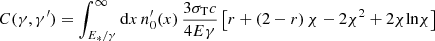 $$ \begin{aligned} C(\gamma ,\gamma ^{\prime }) = \int _{E_{*}/\gamma }^{\infty } \mathrm{d}x \, n^{\prime }_0(x) \, \frac{3 \sigma _{\rm T} c}{4 E \gamma } \left[ r + (2-r) \, \chi - 2\chi ^2 + 2\chi \mathrm{ln} \chi \right] \end{aligned} $$