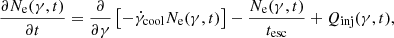 $$ \begin{aligned} \dfrac{\partial N_{\rm e}(\gamma ,t)}{\partial t} = \dfrac{\partial }{\partial \gamma } \left[ - \dot{\gamma }_{\mathrm{cool}} N_{\rm e}(\gamma ,t) \right] - \frac{N_{\rm e}(\gamma ,t)}{t_{\mathrm{esc}}} + Q_{\mathrm{inj}}(\gamma ,t), \end{aligned} $$