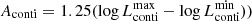 $ A_{\mathrm{conti}}=1.25(\log L_{\mathrm{conti}}^{\mathrm{max}}-\log L_{\mathrm{conti}}^{\mathrm{min}})) $