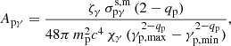 $$ \begin{aligned} A_{\rm p\gamma } =\frac{\zeta _\gamma \, \sigma _{\rm p\gamma }^\mathrm{s,m}\,(2-q_{\rm p})}{48\pi \,m_{\rm p}^2c^4\,\chi _\gamma \,(\gamma _{\mathrm{p},\mathrm{max}}^{2-q_{\rm p}}-\gamma _{\mathrm{p},\mathrm{min}}^{2-q_{\rm p}})},\end{aligned} $$