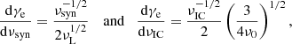 $$ \begin{aligned} \frac{\mathrm{d}\gamma _{\rm e}}{\mathrm{d} \nu _{\rm syn}}=\frac{\nu _{\rm syn}^{-1/2}}{2\nu _{\rm L}^{1/2}}\,\quad \mathrm{and}\quad \frac{\mathrm{d}\gamma _{\rm e}}{\mathrm{d} \nu _{\rm IC}}=\frac{\nu _{\rm IC}^{-1/2}}{2}\left( \frac{3}{4\nu _0}\right)^{1/2} ,\end{aligned} $$