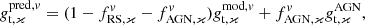 $$ \begin{aligned} g^{\mathrm{pred},v}_{\mathrm{t},\varkappa } = (1 - f_{\mathrm{RS}, \varkappa }^v - f_{\mathrm{AGN}, \varkappa }^v ) g^{\mathrm{mod},v}_{\mathrm{t}, \varkappa } + f_{\mathrm{AGN}, \varkappa }^v g^{\mathrm{AGN}}_{\mathrm{t}, \varkappa }, \end{aligned} $$