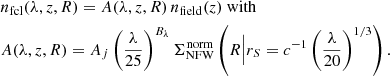 $$ \begin{aligned}&n_{\rm fcl}(\lambda , z, R) = A(\lambda , z, R) \,n_{\rm field}(z)~\mathrm{with}\nonumber \\&A(\lambda , z, R) = A_{j} \left( \frac{\lambda }{25} \right)^{B_\lambda } \Sigma ^\mathrm{norm}_{\rm NFW}\left(R \Big | r_S = c^{-1} \left( \frac{\lambda }{20} \right)^{1/3}\right). \end{aligned} $$