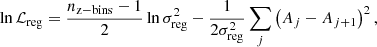 $$ \begin{aligned} \ln \mathcal{L} _{\rm reg} = \frac{n_{\rm z-bins}-1}{2} \ln \sigma _{\rm reg}^2 - \frac{1}{2 \sigma _{\rm reg}^2} \sum _j \left( A_{j} - A_{j+1}\right)^2, \end{aligned} $$