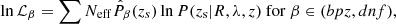 $$ \begin{aligned} \ln \mathcal{L} _\beta = \sum N_{\rm eff} \hat{P}_\beta (z_{s}) \ln P(z_{\rm s}|R, \lambda , z)~\mathrm{for}~\beta \in (bpz ,dnf ), \end{aligned} $$