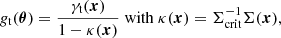 $$ \begin{aligned} g_{\rm t}(\boldsymbol{\theta }) = \frac{ \gamma _{\rm t}(\boldsymbol{x}) }{ 1 - \kappa (\boldsymbol{x})}~\mathrm{with}~\kappa (\boldsymbol{x}) = \Sigma _{\rm crit}^{-1}\Sigma (\boldsymbol{x}), \end{aligned} $$